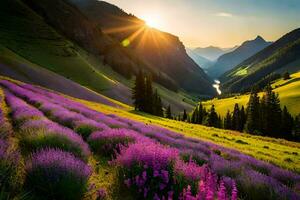 the sun shines over a field of lavender flowers in the mountains. AI-Generated photo