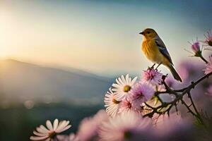 un pájaro es encaramado en un flor rama en frente de un puesta de sol. generado por ai foto