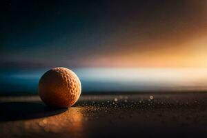 un naranja huevo en el playa a puesta de sol. generado por ai foto