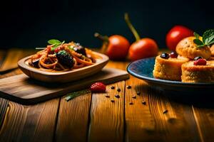 a wooden table with a plate of food and a bowl of pasta. AI-Generated photo