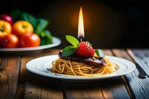 a plate with spaghetti and a candle on it. AI-Generated photo