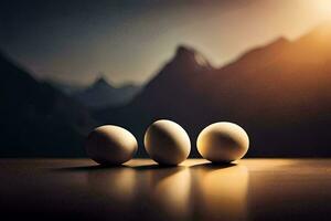 three eggs are sitting on a table in front of a mountain. AI-Generated photo