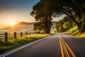a road with the sun setting behind it. AI-Generated photo