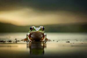 un rana sentado en el agua con un nublado cielo. generado por ai foto