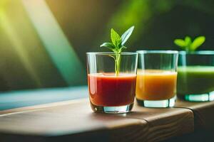 three glasses of juice with fresh fruit and vegetables. AI-Generated photo