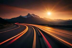 a long exposure photograph of a highway with mountains in the background. AI-Generated photo