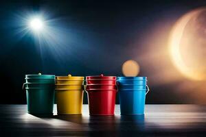 four colorful buckets on a table with a bright light. AI-Generated photo