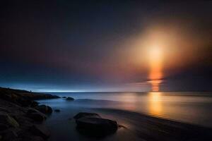 un largo exposición fotografía de el Dom brillante terminado el océano. generado por ai foto