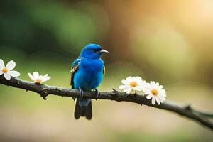 un azul pájaro se sienta en un rama con blanco flores generado por ai foto