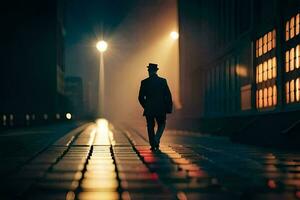 un hombre en un sombrero camina abajo un oscuro calle a noche. generado por ai foto