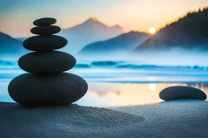 stacked stones on the beach at sunset. AI-Generated photo