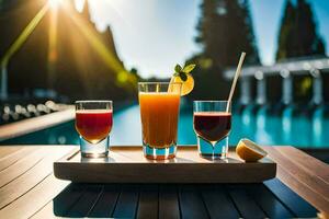 three glasses of juice sit on a tray near a pool. AI-Generated photo