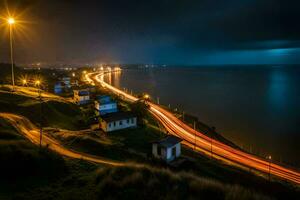 un largo exposición foto de un la carretera y casas en el costa. generado por ai