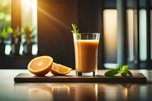 naranja jugo en un vaso en un de madera mesa. generado por ai foto