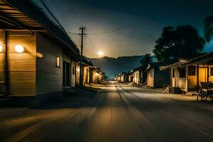 a street at night with a full moon in the background. AI-Generated photo