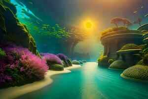 a scene from the game, underwater, plants, sun, water, plants, fish, coral. AI-Generated photo