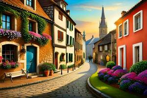 photo wallpaper the sky, flowers, the street, the town, the church, the flowers,. AI-Generated