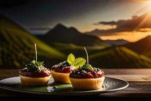 three mini desserts on a plate with mountains in the background. AI-Generated photo