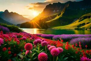 the sun rises over a lake and flowers in the mountains. AI-Generated photo