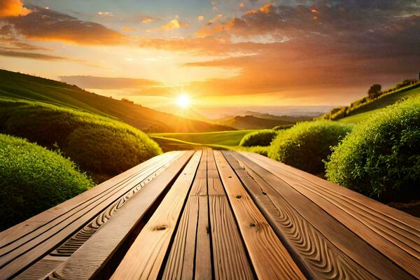 the wooden bridge over the green grassy hills. AI-Generated
