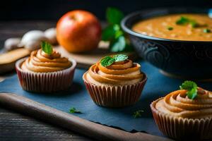 cupcakes with carrot soup and apples on a cutting board. AI-Generated photo