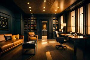 a home office with leather furniture and bookshelves. AI-Generated photo