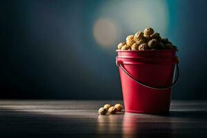 a bucket filled with peanuts on a table. AI-Generated photo