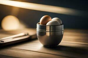 eggs in a cup on a table. AI-Generated photo