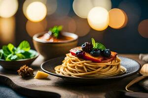 spaghetti with berries and mint on a wooden table. AI-Generated photo