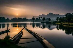 a boat is docked in the middle of a lake at sunset. AI-Generated photo