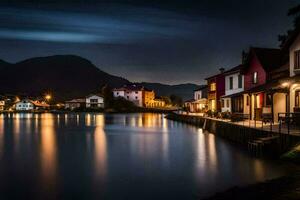 foto fondo de pantalla el cielo, noche, lago, casas, el ciudad, Eslovenia, el. generado por ai