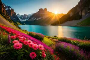 el Dom sube terminado un lago y flores en el montañas. generado por ai foto