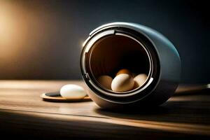 eggs in a metal container on a table. AI-Generated photo