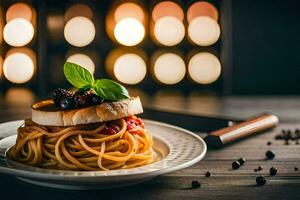 spaghetti with tomato sauce and basil on a plate. AI-Generated photo
