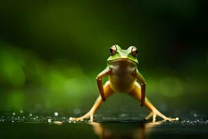 a frog is standing on its hind legs on a wet surface. AI-Generated photo