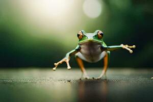 a frog is standing on its hind legs. AI-Generated photo