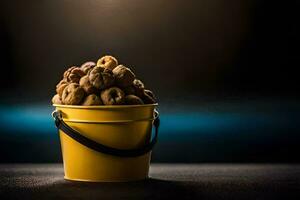 un Cubeta lleno con nueces en un oscuro antecedentes. generado por ai foto