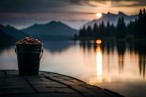 a bucket of nuts sits on a dock at sunset. AI-Generated photo
