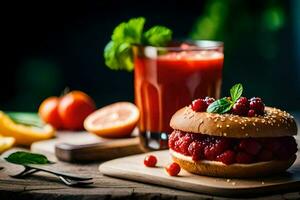 a sandwich with cranberry sauce and juice on a wooden table. AI-Generated photo