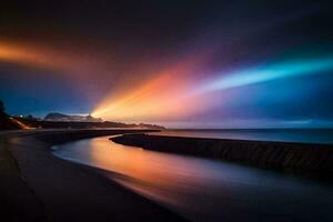 a colorful light shines over the ocean and a beach. AI-Generated photo
