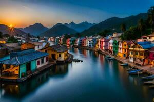 colorful houses along a river at sunset. AI-Generated photo