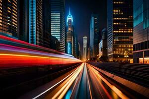 un ciudad a noche con un tren paso a través de. generado por ai foto