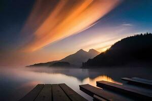 a lake with a dock and mountains in the background. AI-Generated photo