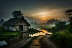 the sun rises over a small hut in the middle of a field. AI-Generated photo