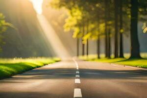 a road with trees and sunbeams in the background. AI-Generated photo