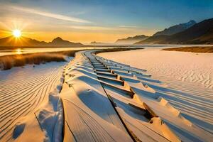 un de madera paseo marítimo Guías a el playa a puesta de sol. generado por ai foto