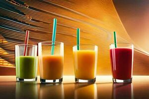 four different colored juices in glasses on a table. AI-Generated photo