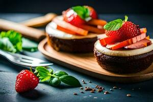 two mini cupcakes with strawberries and cream on a wooden cutting board. AI-Generated photo