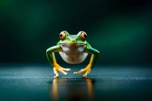 a frog is standing on its hind legs. AI-Generated photo