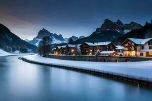 un río y casas en el nieve. generado por ai foto